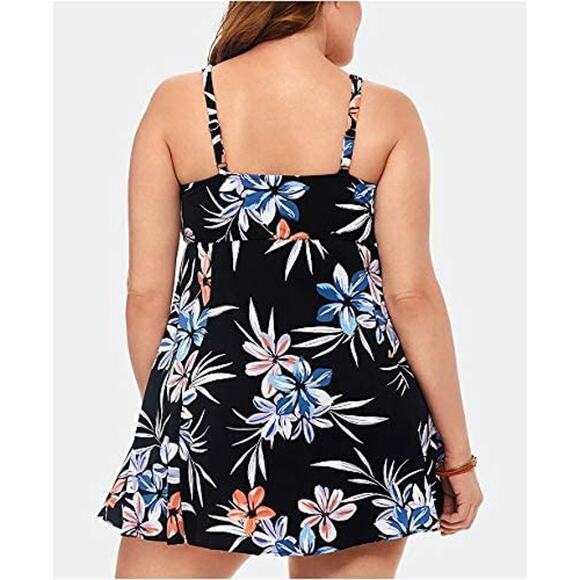 Swim Solutions Tropical Floral Lanai Tummy Control Swimdress One Piece Bow 10 - Picture 2 of 3